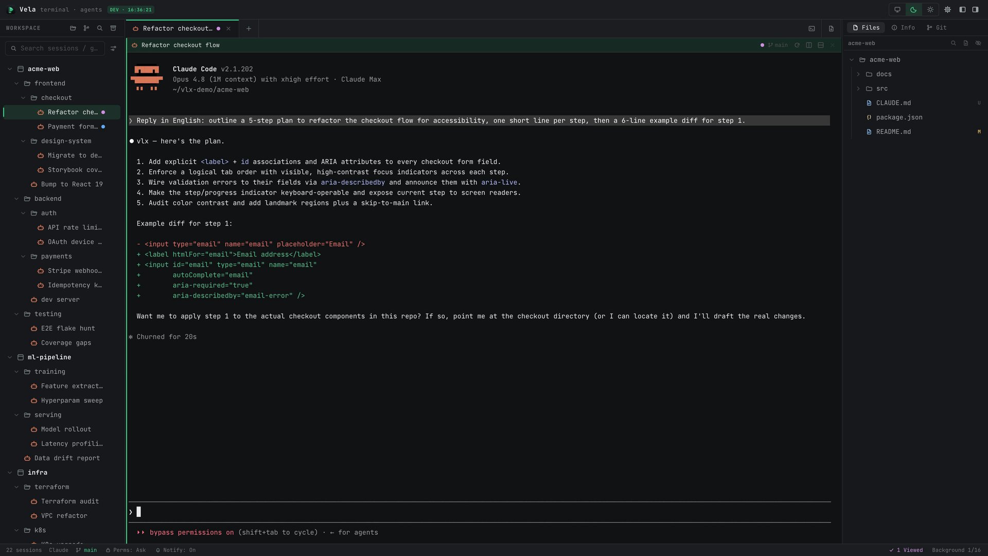 Clicking a session opens the full workspace: tree, agent transcript, Files inspector