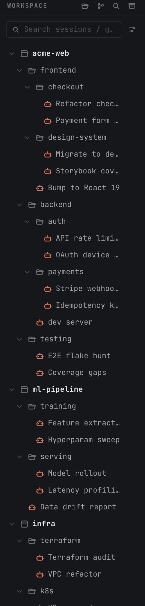 The session tree: projects, nested groups, sessions with status dots